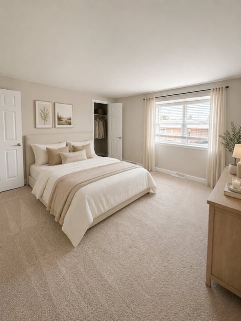 A bedroom with a large bed and a window with curtains.