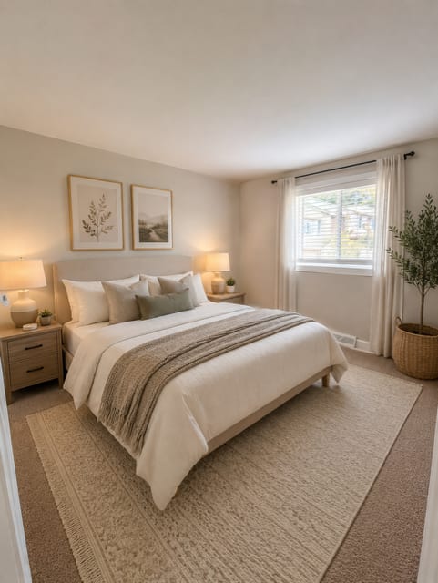 A bedroom with a large bed and two lamps on either side of the bed.
