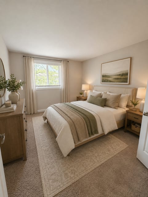 A bedroom with a large bed and a painting on the wall.