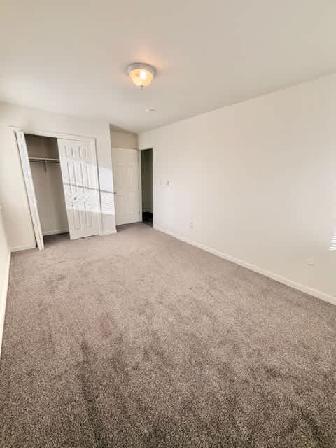 A room with a grey carpet and a white door.
