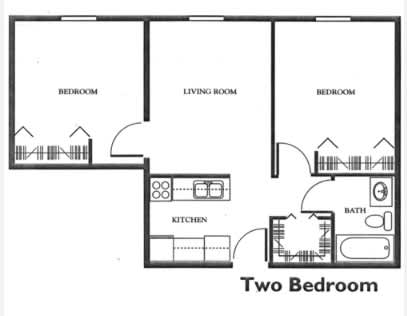A black and white diagram of a two bedroom apartment.