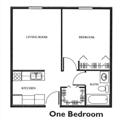 A black and white diagram of a one bedroom apartment.