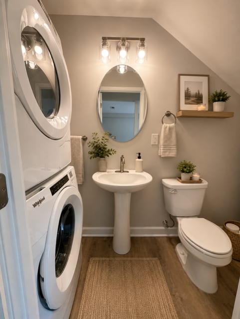 A small bathroom with a washer and dryer built in.
