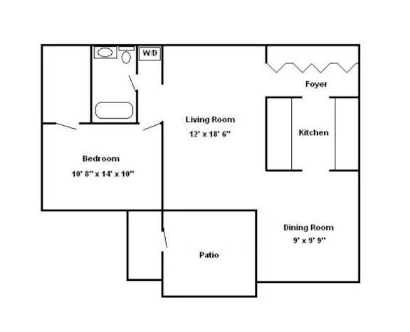 A floor plan of a small apartment with a bedroom, living room, kitchen, and dining room.