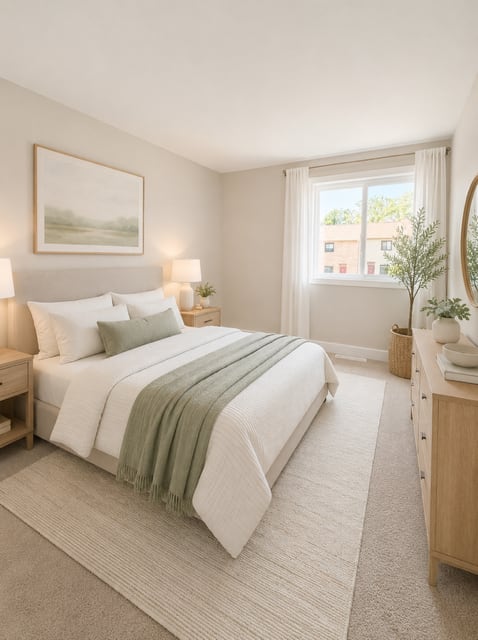 A bedroom with a large bed and a painting on the wall.
