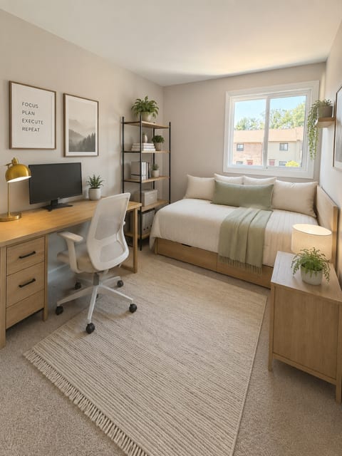 A room with a desk, chair, and bed.