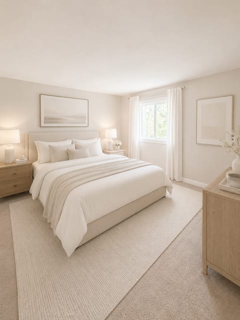 A bedroom with a large bed, nightstands, and a window.