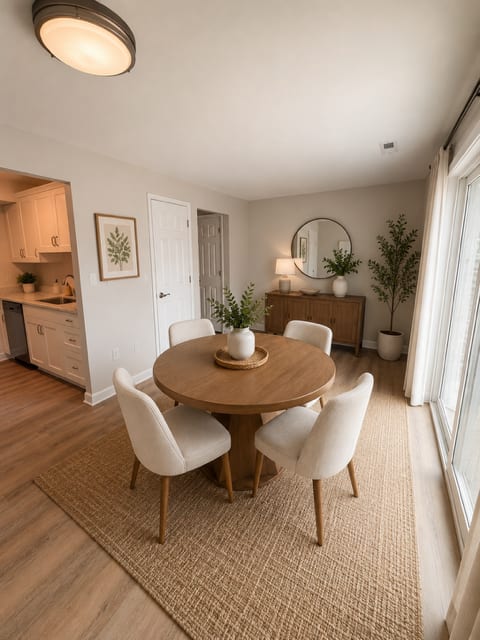 A dining room with a round table and chairs.