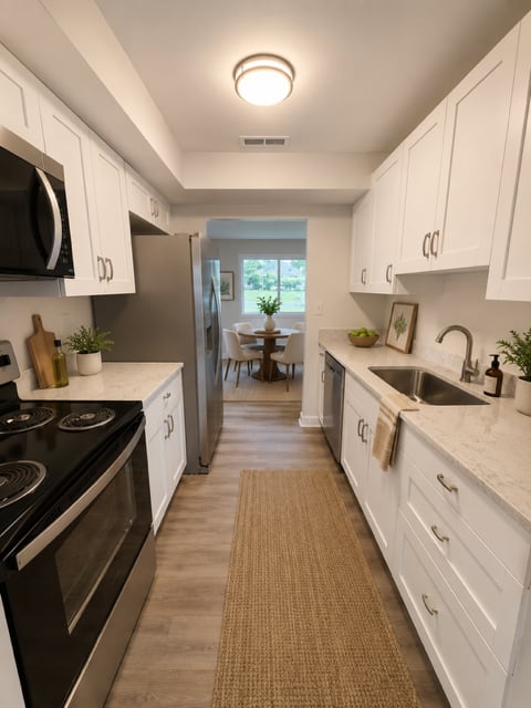 A kitchen with white cabinets and a black stove top oven.