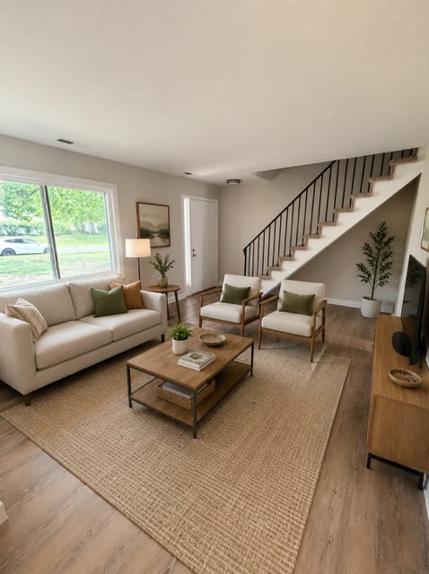 A living room with a white couch, a coffee table, and a staircase.