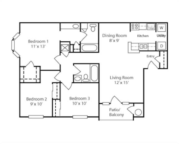 A floor plan of a house with three bedrooms and a living area.