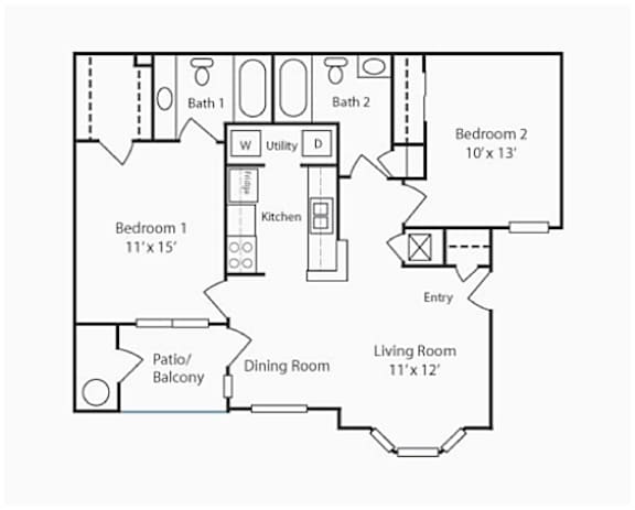 A floor plan of a home with two bedrooms, a living room, a dining room, a kitchen, a patio/balcony, and two bathrooms.