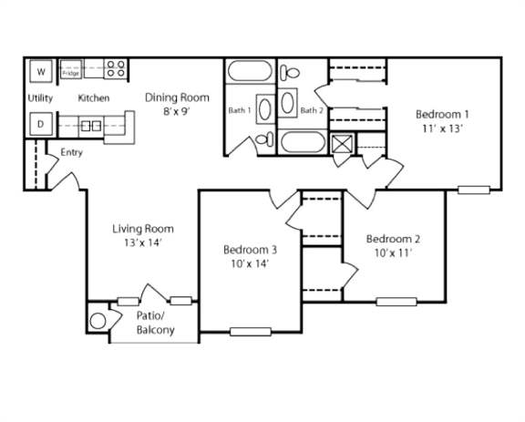 A floor plan of a house with a living room, dining room, kitchen, and three bedrooms.