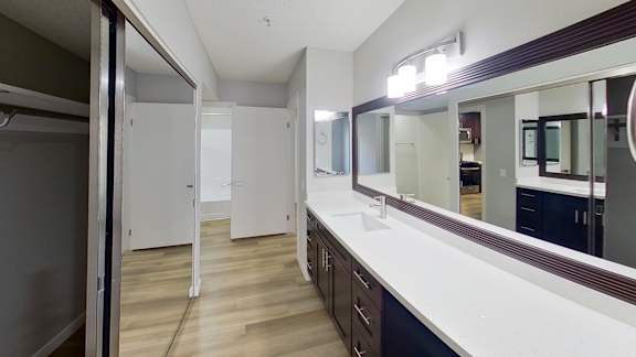 A bathroom with a white counter and a mirror.