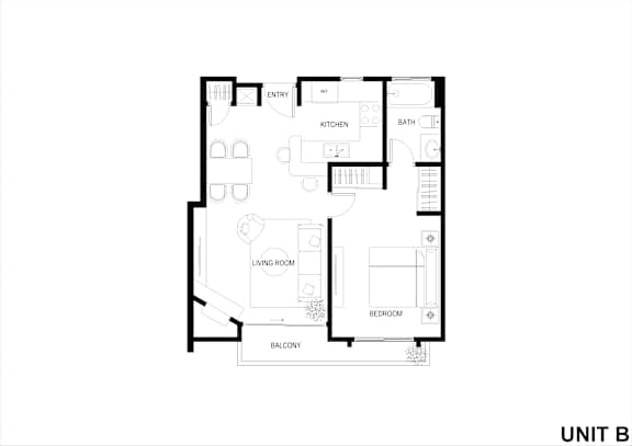 A floor plan of a unit with a living room, kitchen, bathroom, bedroom and balcony.