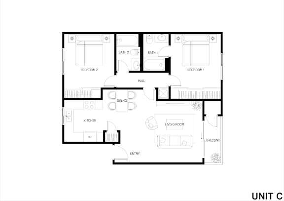 A floor plan of a unit with two bedrooms, a kitchen, a living room, a bathroom, a balcony, and an entry.