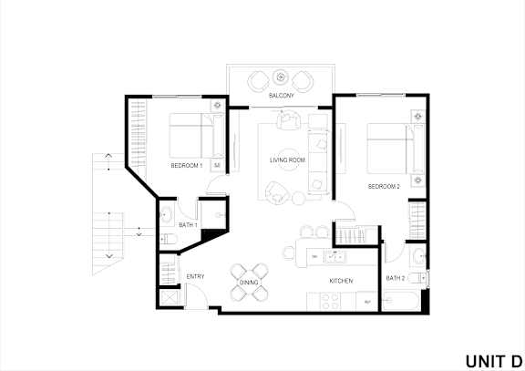 A black and white image of a floor plan for a unit with a living room, two bedrooms, a bathroom, an entry, a kitchen, and a balcony.