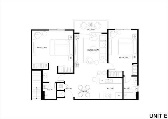 A black and white image of a floor plan for a unit E.