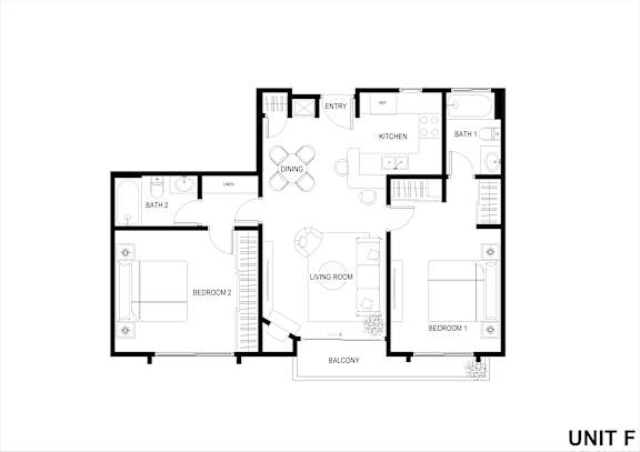 A floor plan of a unit with a kitchen, dining area, two bedrooms, two bathrooms, and a balcony.