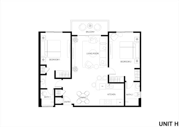 A floor plan of a unit with a living room, two bedrooms, a bathroom, a dining area, and a kitchen.