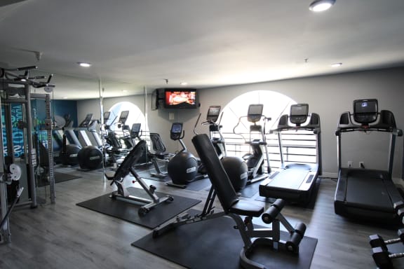 a gym with various exercise equipment and a tv