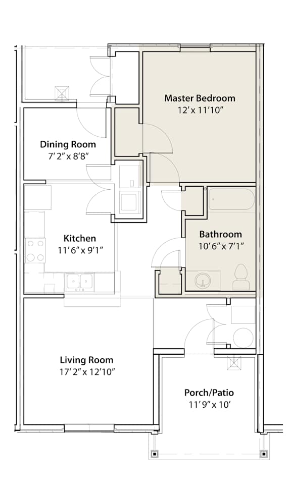 A floor plan of a house with a living room, dining room, kitchen, bathroom, and master bedroom.