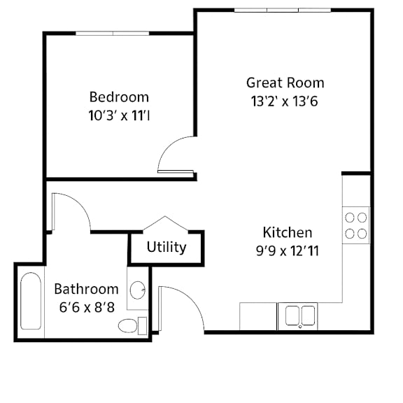 Floor Plan  A floor plan of a house with a bedroom, bathroom, utility, kitchen, and great room.