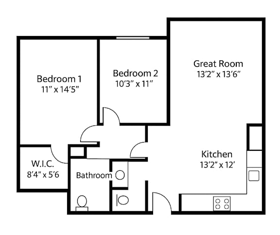 A floor plan of a home with two bedrooms, a great room, a kitchen, a bathroom, and a workspace.
