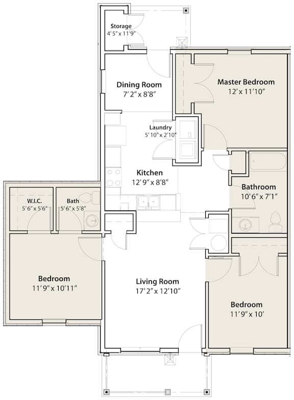 A floor plan of a house with a living room, dining room, kitchen, two bedrooms, a bathroom, and storage.