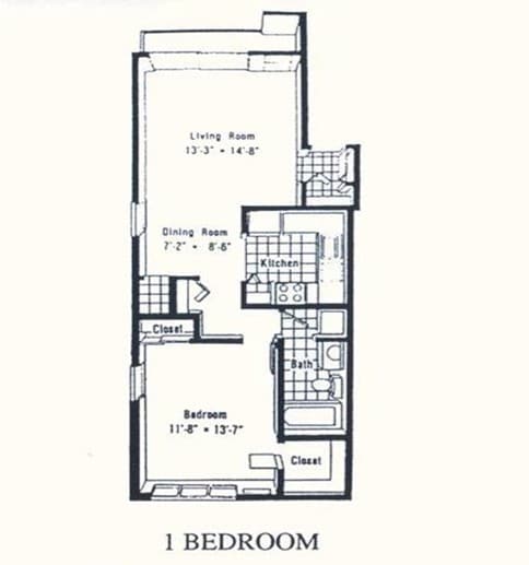 A black and white drawing of a one bedroom apartment.