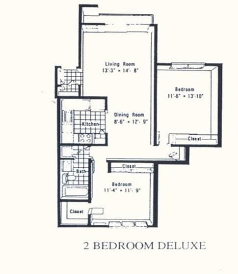 A floor plan of a 2 bedroom deluxe apartment.
