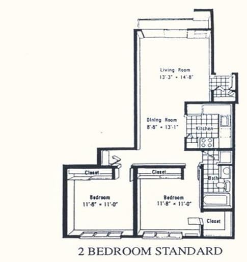 A floor plan of a 2 bedroom standard apartment.