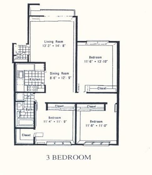 A black and white image of a 3 bedroom floor plan.