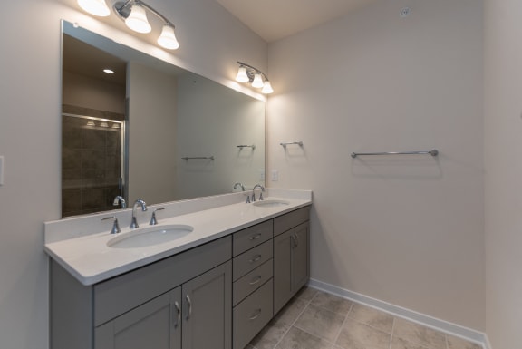 a bathroom with two sinks and a large mirror