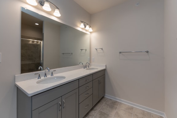 a bathroom with two sinks and a large mirror