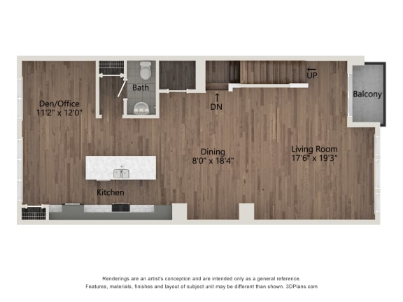 a floor plan of a studio apartment with a bedroom and a living room