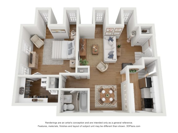 a furnished floor plan with a bedroom and a living room