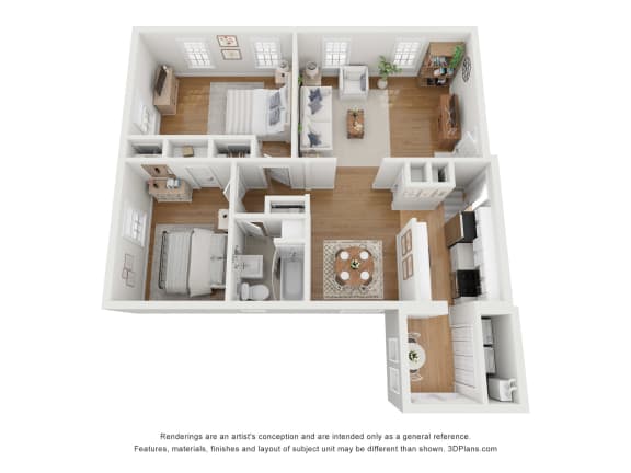 a stylized 3d floor plan with a bedroom and a living room