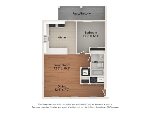 a floor plan of a studio apartment with a bedroom and a living room