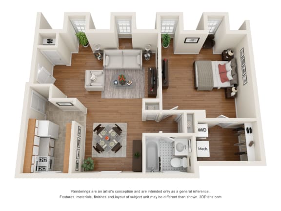 a 1 bedroom floorplan is shown in this rendering
