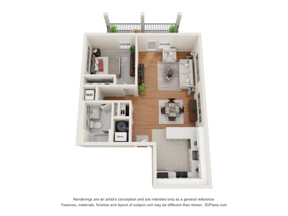 a stylized floor plan of a 1 bedroom apartment
