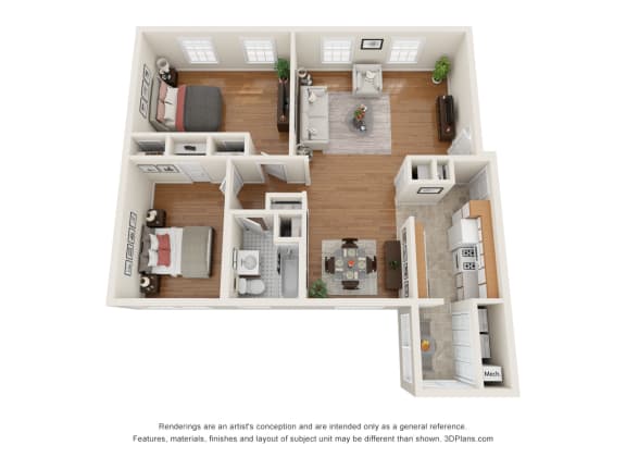 a stylized floor plan with a bedroom and a living room