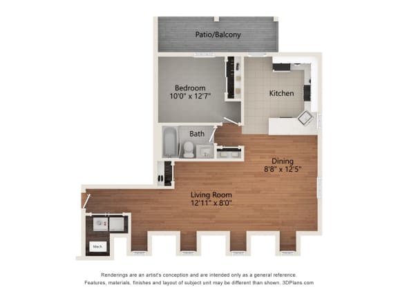 a floor plan of a studio apartment with a bedroom and a living room