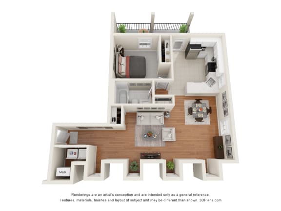 a stylized floor plan of a 1 bedroom apartment