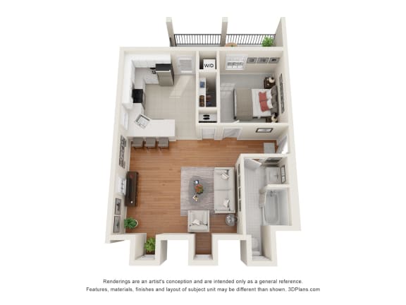 a stylized floor plan of a 1 bedroom apartment