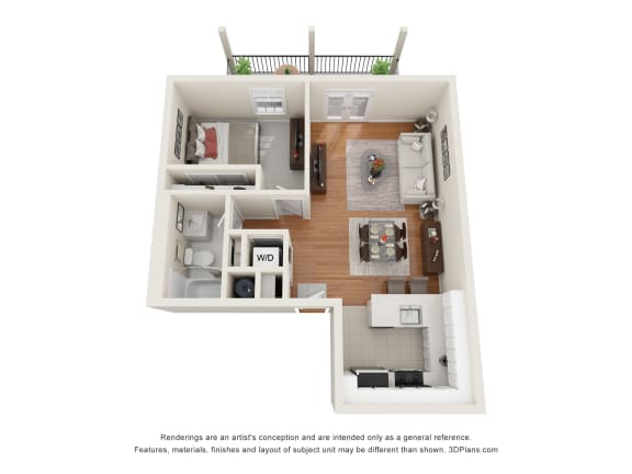 a stylized 3d floor plan with a bedroom and a living room