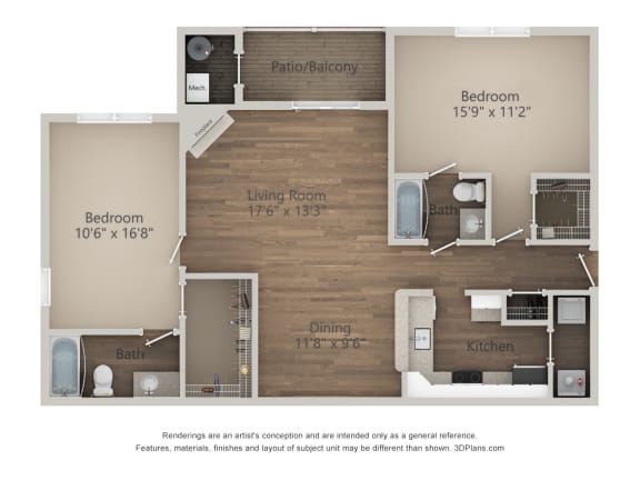 a floor plan of the acadia with a wood paneled accent wall