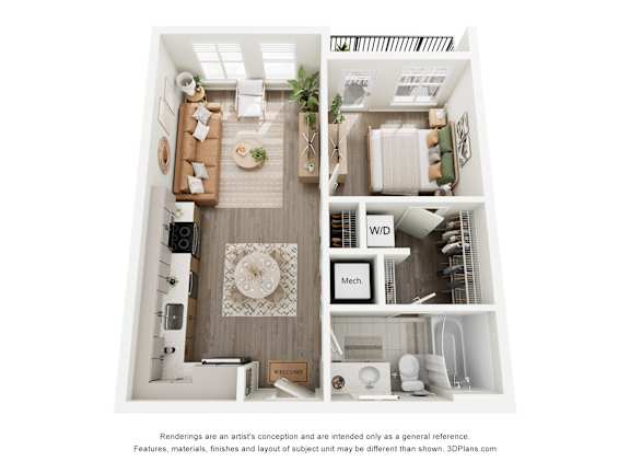 A 3D floor plan of a small apartment with a kitchen, living room, and bathroom.