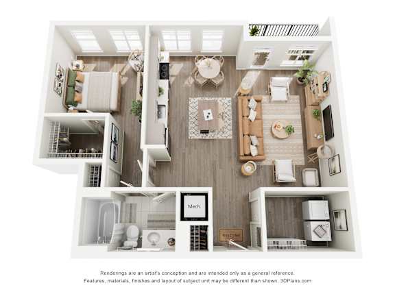 A 3D floor plan of a house with a kitchen, living room, and bathroom.