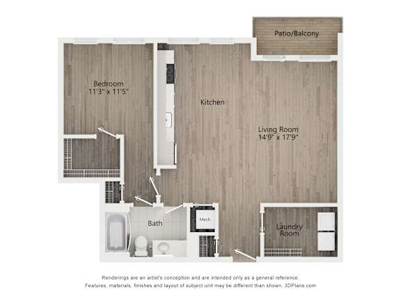 A floor plan of a home with a bedroom, living room, kitchen, bathroom, and laundry room.